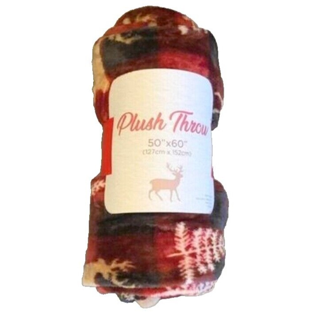 Christmas Fleece Throw Blanket Buffalo Check Deer Pine Trees Black Red 50X60"
